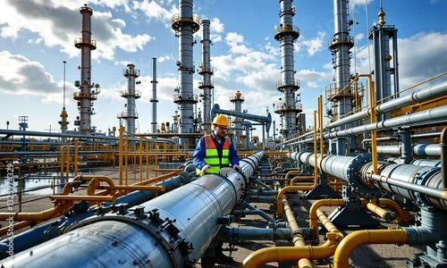 Wallpaper Mural Industrial Refinery Worker Inspecting Pipelines Under a Cloudy Sky Torontodigital.ca