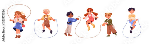 Children are jumping rope set. Friends are skipping together. Happy kids jump outdoors. Little boys and girls have fun with hops, leaps. Flat isolated vector illustrations on white background