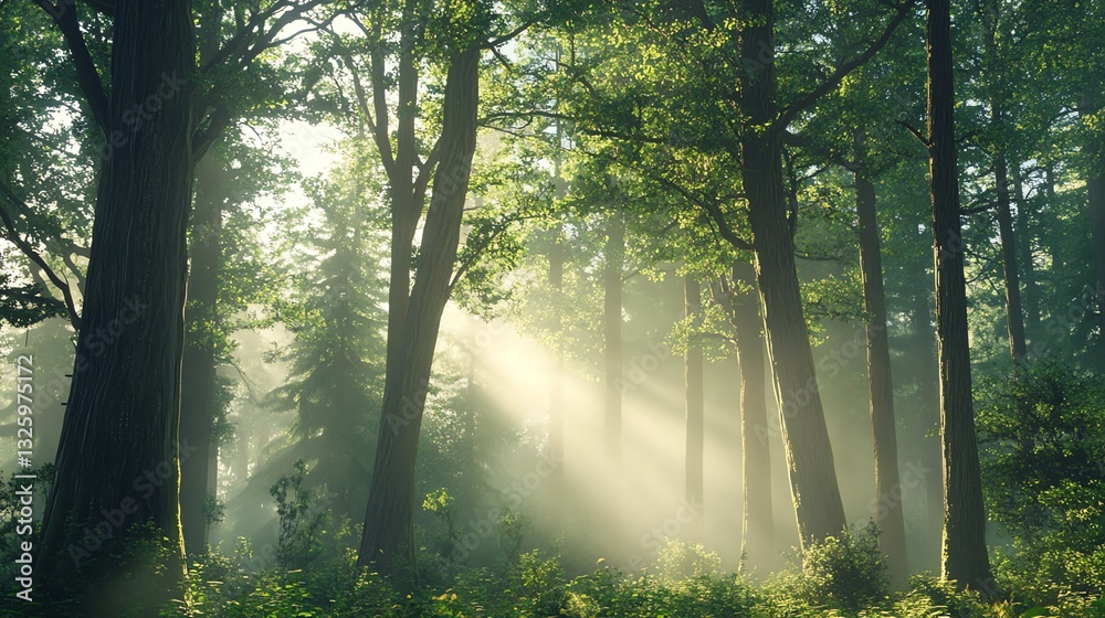 Obraz premium Sunlight Streaming Through Trees in Forest with Mist and Green Foliage