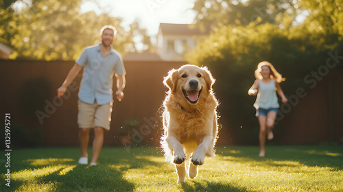 A young family playing with their golden retriever in a sunny backyard