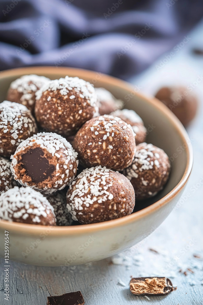 Homemade chocolate balls with a soft center, dusted with coconut flakes Homemade chocolate balls with a soft center, dusted with coconut flakes