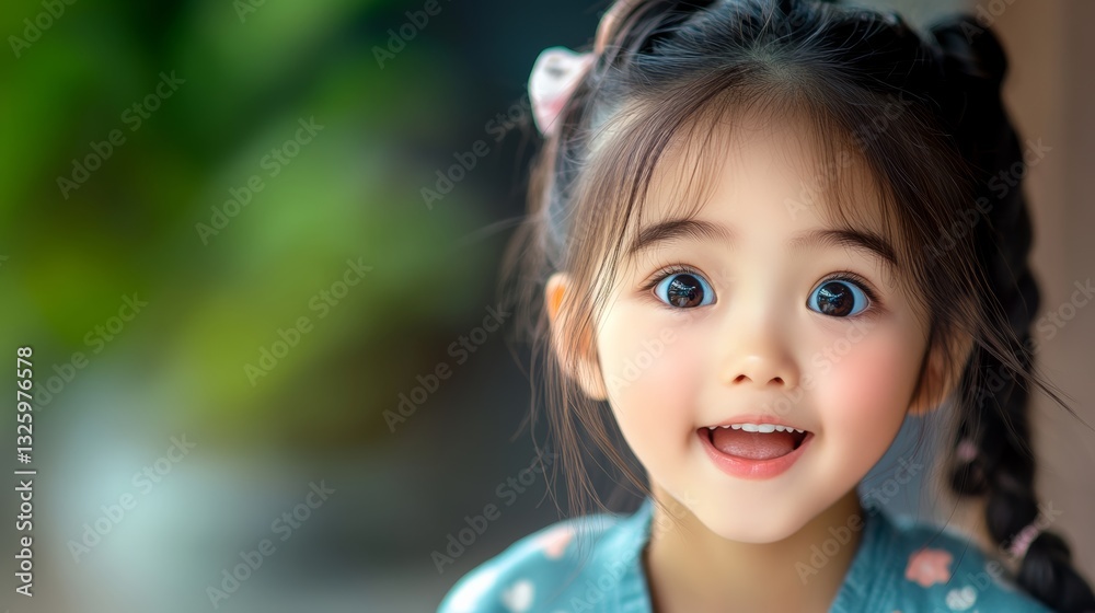 Young girl with blue eyes and a smile on her face. She is wearing a blue shirt and has her hair in a ponytail Young girl with blue eyes and a smile on her face. She is wearing a blue shirt and has her hair in a ponytail