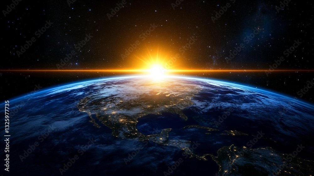 Fototapeta premium Stunning Earth Sunrise Space View Planet Global sky blue land world light night
