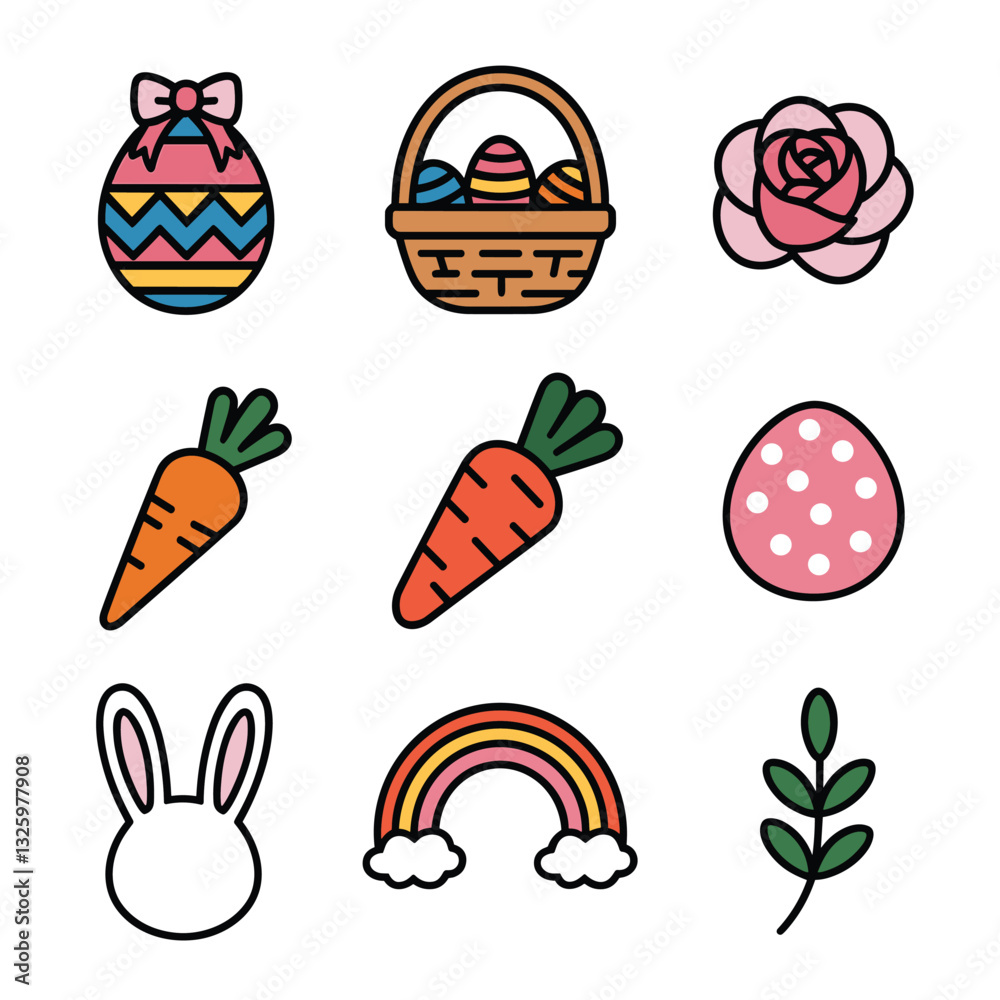 Fototapeta premium Easter Celebration Colorful Eggs, Carrots, and Bunny Icons