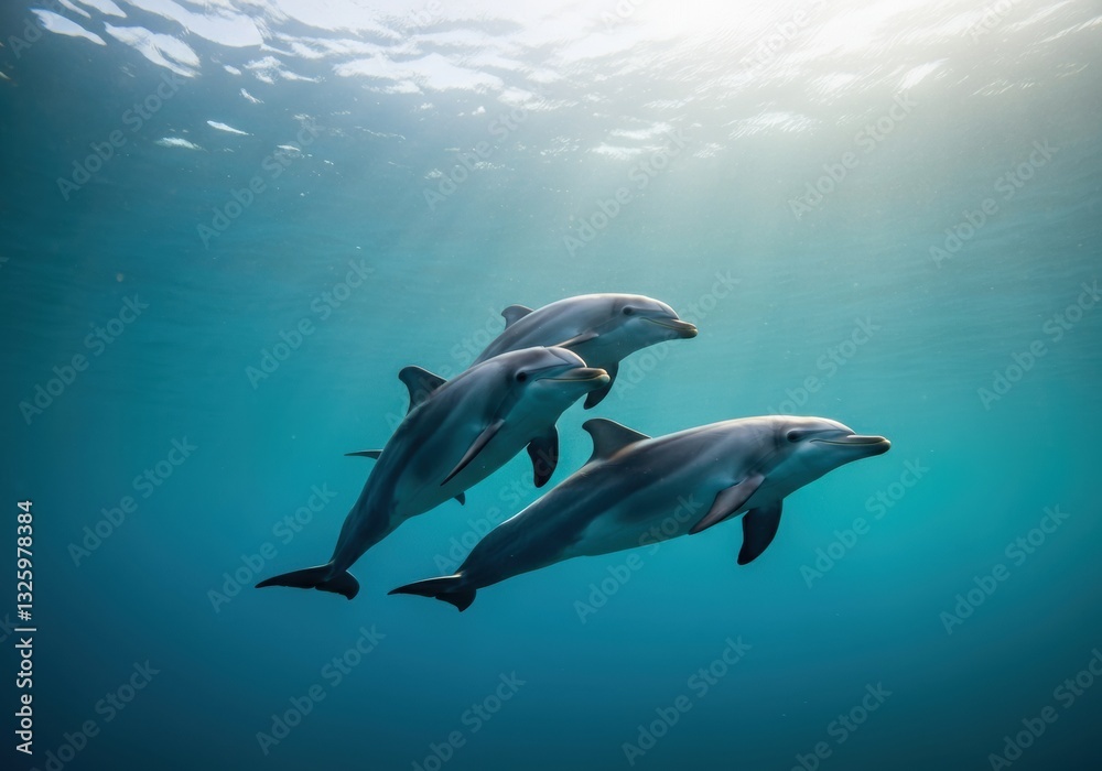 Fototapeta premium Three dolphins swimming gracefully in clear blue water
