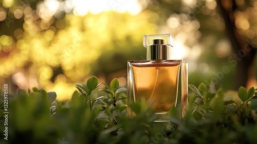 Elegant perfume bottle amidst lush greenery, capturing natural essence