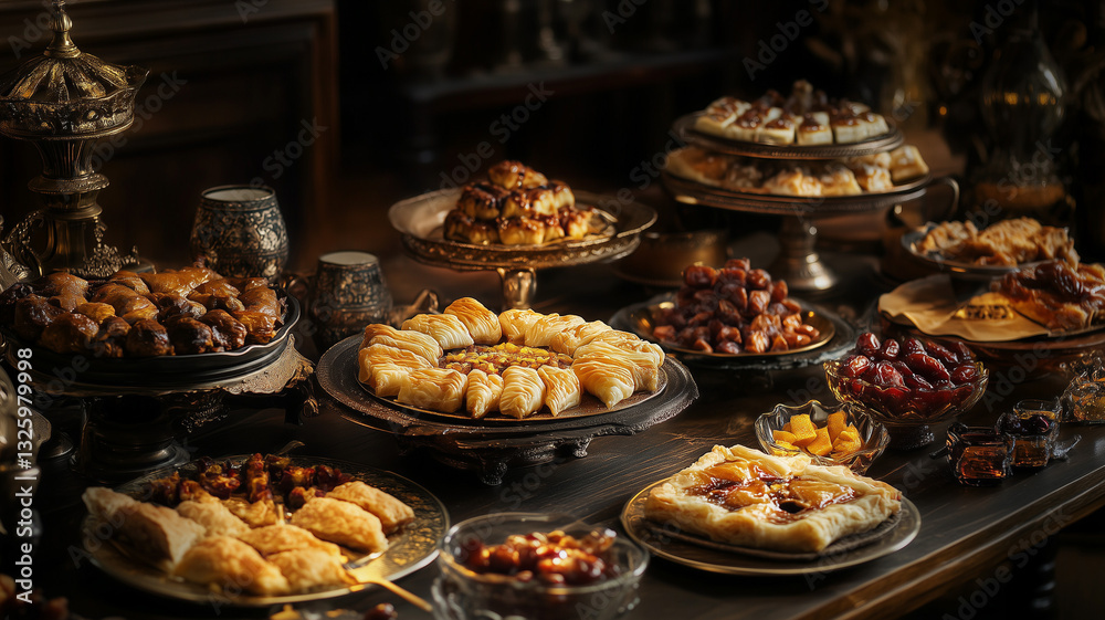 Authentic Middle Eastern Dessert Spread with Kunafa, Baklava, and Dates in Rich Textures and Colors