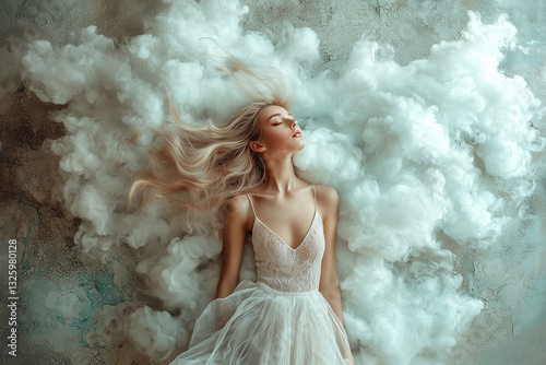 woman portrait in puffs of cloudy smoke