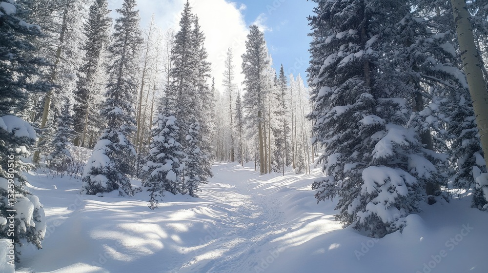 Fototapeta premium Snow-covered forest path inviting exploration in a serene winter landscape