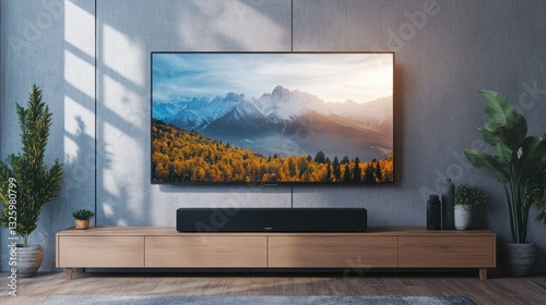 Minimalist living room with modern TV setup showcasing mountain scenery