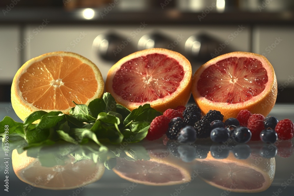 Φωτογραφία A vibrant and healthy arrangement of orange and grapefruit halves, assorted berries, and fresh greens, beautifully reflected on a sleek surface, showcasing natural beauty
