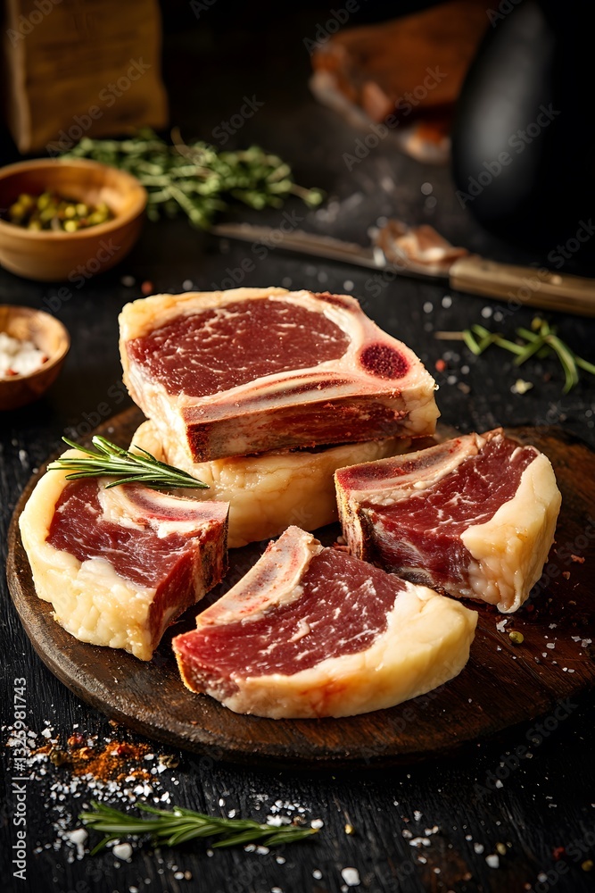 Raw Beef Steaks on Wooden Board, Gourmet Meat Raw Beef Steaks on Wooden Board, Gourmet Meat