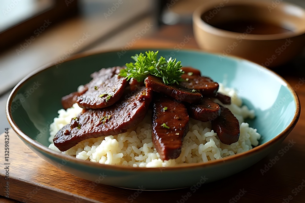 Naklejka premium Delicious beef dish served over rice home kitchen food photography cozy environment close-up