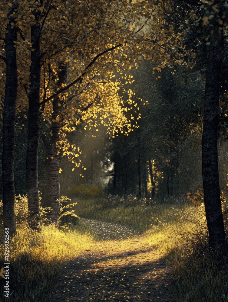 Fototapeta premium Sunlit Forest Path Through Trees with Autumnal Foliage and Warm Hues