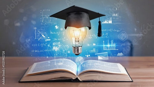 Wallpaper Mural An open book serves as a foundation for a glowing light bulb symbolizing ideas, with a graduation cap on top. Educational symbols and graphs float in the background, highlighting learning Torontodigital.ca