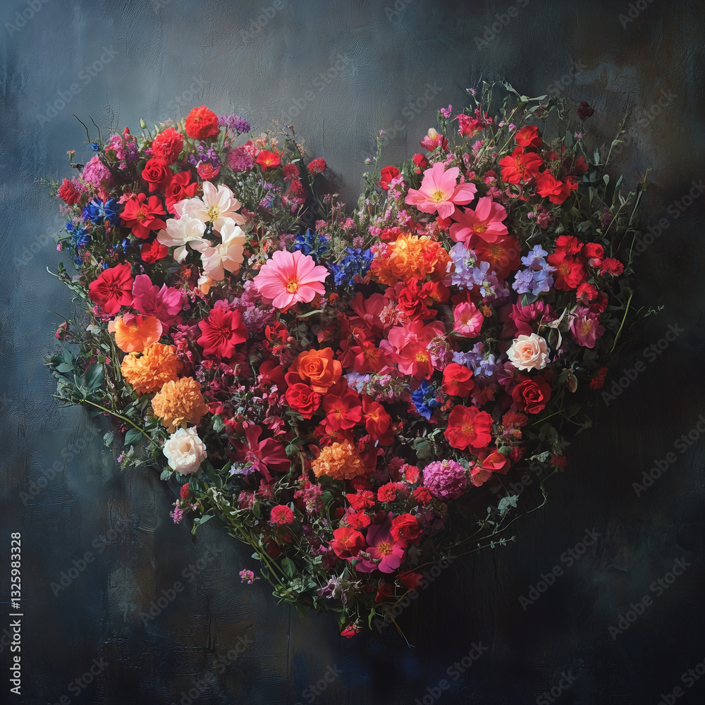 flowers all over the space in the shape of a heart