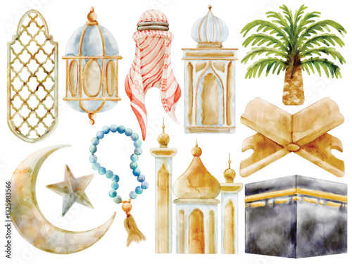 Watercolor Islamic Culture Illustration Set, Hand paint, Lantern, Mosque, Crescent Moon, Star, Palm Tree, Rosary Beads, Traditional Hat, Religious, Ramadan, Muslim, Middle East, Vector, Illustration