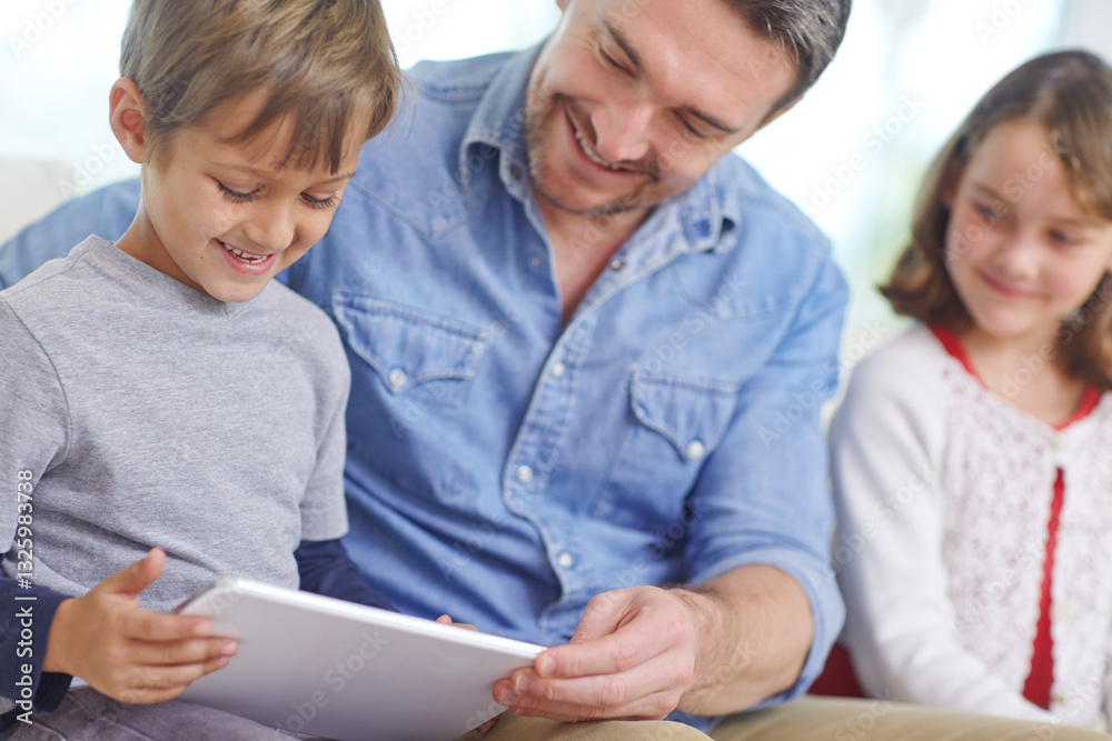 Learning, storytelling or tablet with children and dad on sofa in living room together for bonding or study. Ebook, literature or reading with father and kids in apartment for development or growth