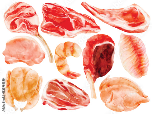 Watercolor Meat Illustration Set, Hand Paint, Raw Beef, Chicken, Pork, Shrimp, Steak, Lamb Chop, Seafood, Barbecue, Cooking, Protein, Food, Restaurant, Vector, Illustration