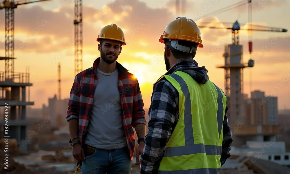 Two Construction Workers in Hard Hats at Sunset Construction Site Two Construction Workers in Hard Hats at Sunset Construction Site