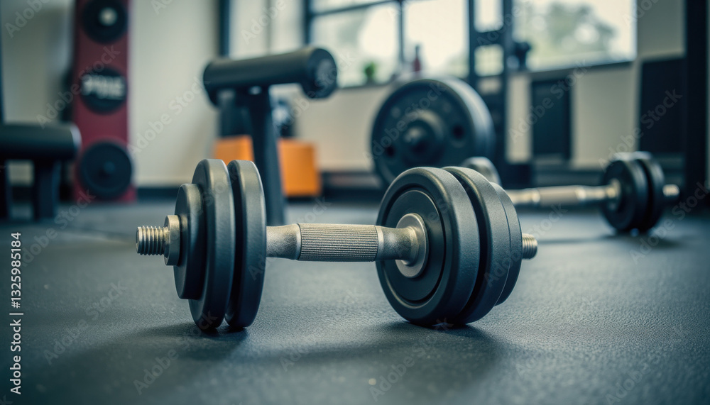 Close-up of metallic dumbbells on gym floor with natural light Close-up of metallic dumbbells on gym floor with natural light
