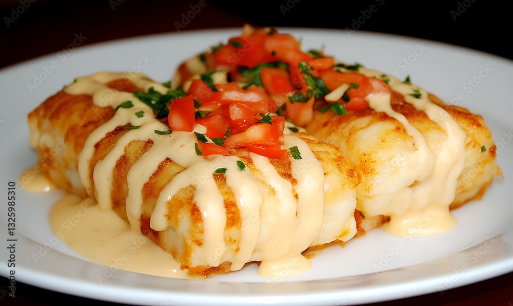 Delicious Cod Fillets Topped with Sauce and Chopped Tomatoes on a White Plate for Gourmet Dining Delicious Cod Fillets Topped with Sauce and Chopped Tomatoes on a White Plate for Gourmet Dining