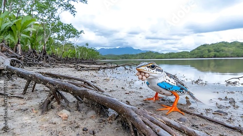 Vibrant Blue legged Frog Carrying Eggs Near Mangrove Roots Tropical Water Background