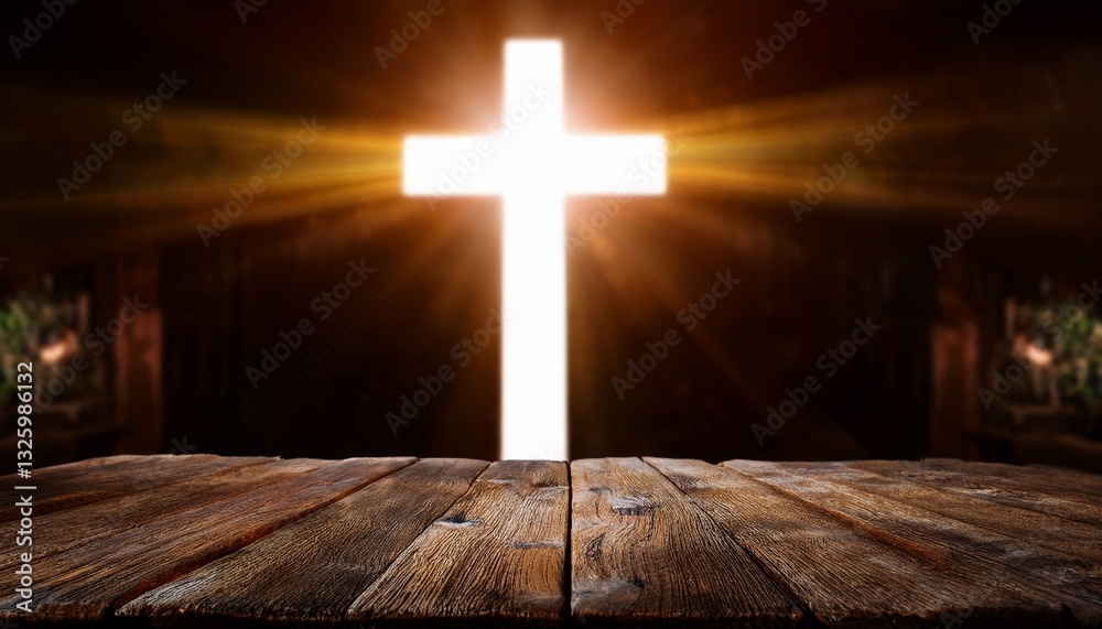 Naklejka premium Rustic wooden altar with a glowing cross in the background, creating a serene and sacred atmosphere, perfect for religious product promotions.