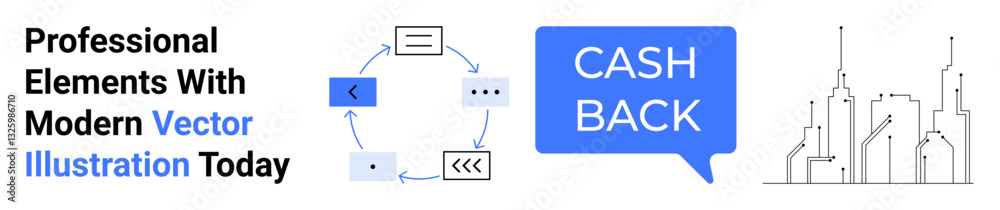 Blue cash back speech bubble, process flowchart with arrows, and black outlines of city buildings. Ideal for finance, e-commerce, cashback, technology, urban planning, marketing flat landing page Blue cash back speech bubble, process flowchart with arrows, and black outlines of city buildings. Ideal for finance, e-commerce, cashback, technology, urban planning, marketing flat landing page