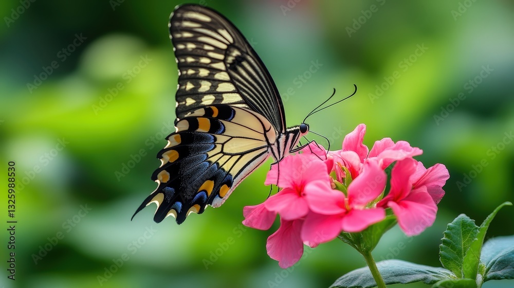 A stunning black and yellow butterfly, wings elegantly unfurled, showcasing intricate patterns against a rich backdrop. Facing right, it embodies vibrant contrast and delicate beauty A stunning black and yellow butterfly, wings elegantly unfurled, showcasing intricate patterns against a rich backdrop. Facing right, it embodies vibrant contrast and delicate beauty