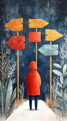 Person contemplating life choices at a crossroads with various road signs in pastel tones