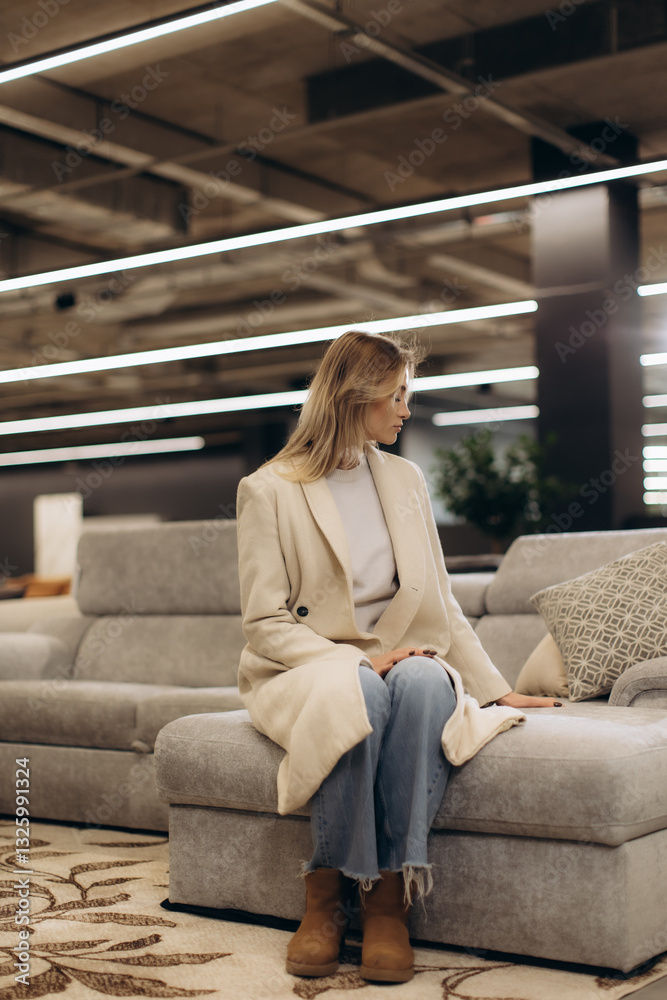 Obraz premium Woman Sitting on Modern Sofa in Contemporary Living Room Interior