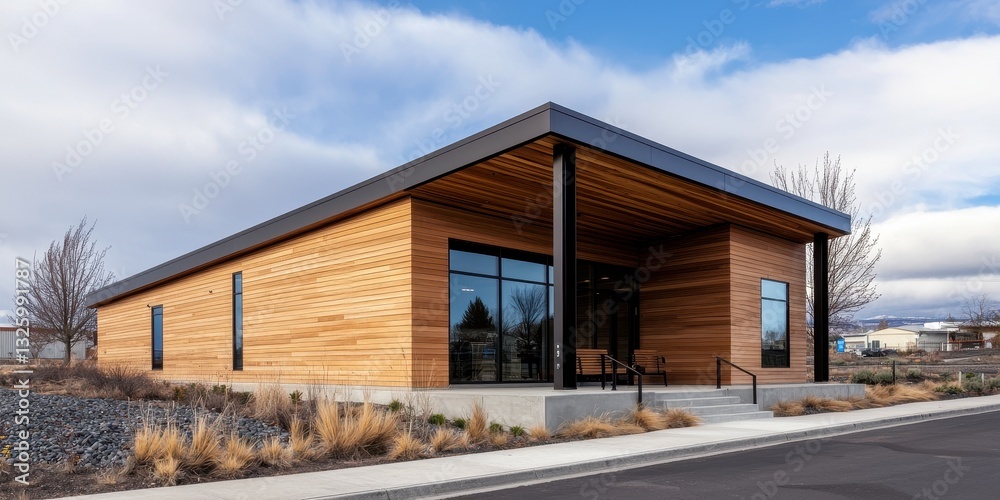 Modern wooden building with large glass windows, set against a cloudy sky, surrounded by landscaped ground and minimalist design elements. Modern wooden building with large glass windows, set against a cloudy sky, surrounded by landscaped ground and minimalist design elements.