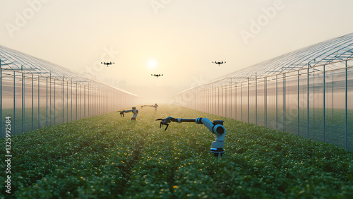 High-tech agricultural farming innovations modern greenhouse robotic automation serene environment aerial view sustainable future