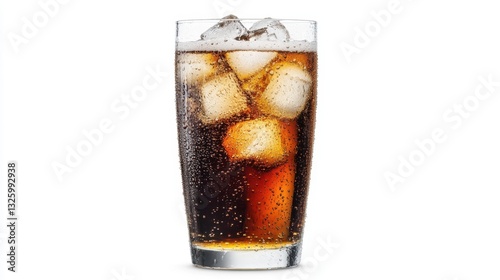 Refreshing glass of fizzy cola with ice cubes, set against a clean white background