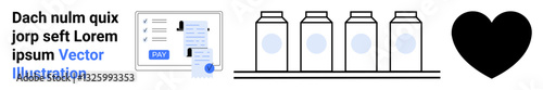 Review submission form, row of jars, and black heart shape. Ideal for feedback systems, packaging, e-commerce, love concepts, customer ratings, minimal graphics abstract line flat metaphor