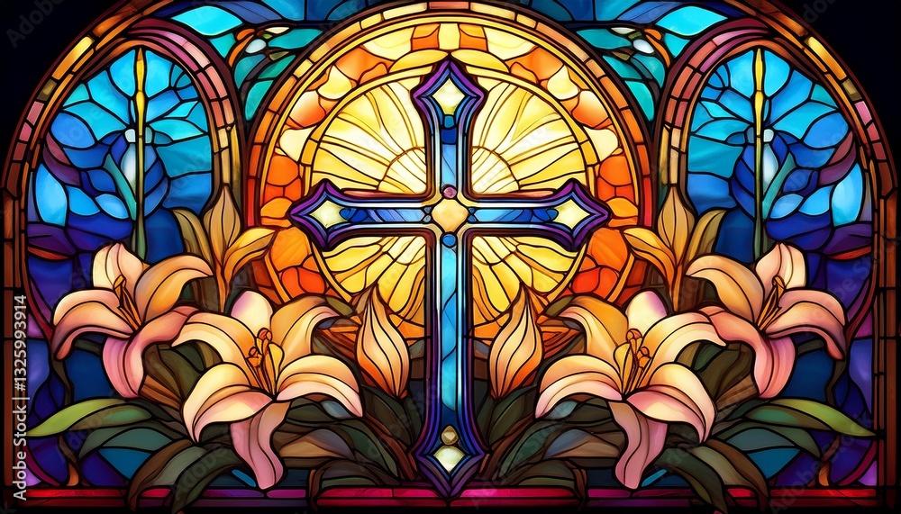 Intricate stained glass window design featuring a glowing cross and Easter lilies, symbolizing resurrection, renewal, and divine light.
Intricate stained glass window design featuring a glowing cross and Easter lilies, symbolizing resurrection, renewal, and divine light.