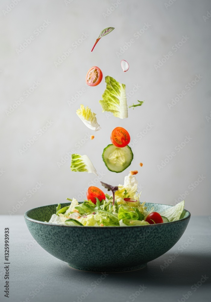Fresh salad ingredients floating above a bowl, showcasing vibrant colors and textures Fresh salad ingredients floating above a bowl, showcasing vibrant colors and textures