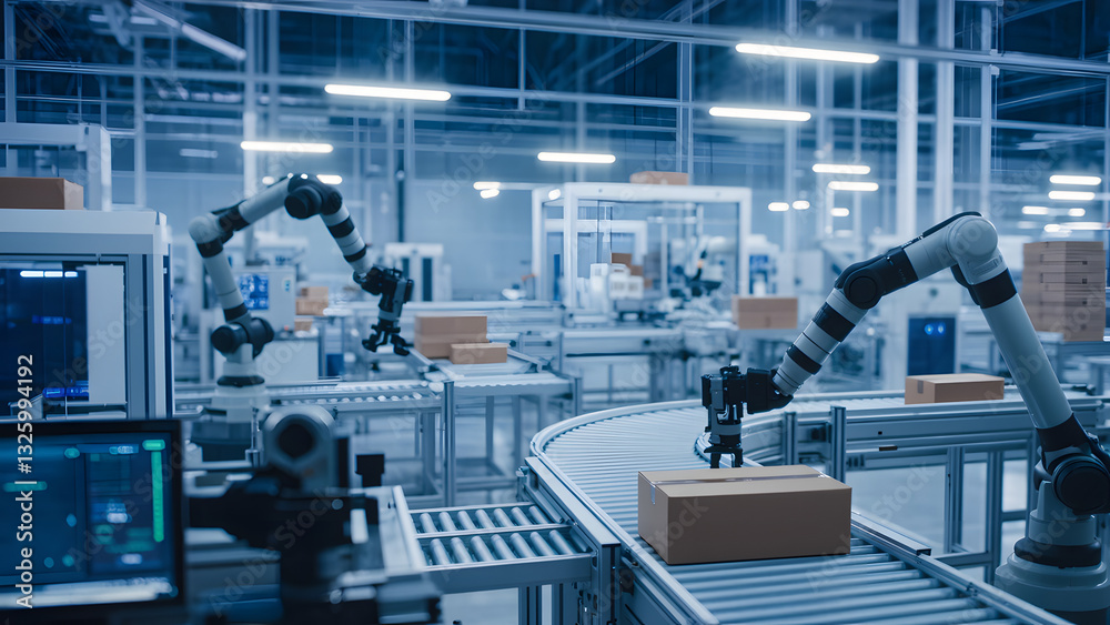 Automated robotics in a large modern factory china industrial setting high-tech environment wide angle view efficiency concept Automated robotics in a large modern factory china industrial setting high-tech environment wide angle view efficiency concept