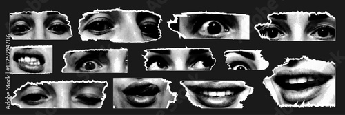 Retro collage featuring cut out eyes and lips with torn edges, showcasing diverse expressions and emotions in a distinctive artistic style