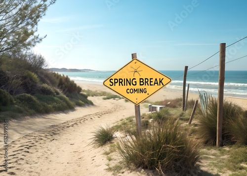  Spring break sign yellow road sign with clouds and sky in background. Spring Break Concept Signpost Along a Sandy Beach