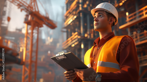 A confident construction engineer in a white helmet, yellow vest, and safety glasses stands with arms crossed, overseeing an active site with cranes and scaffolding.