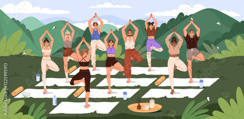 Happy people practice yoga in mountain landscape. Men and women stand in tree pose at nature. Characters do physical exercises in group outdoor sports training with coach. Flat vector illustration