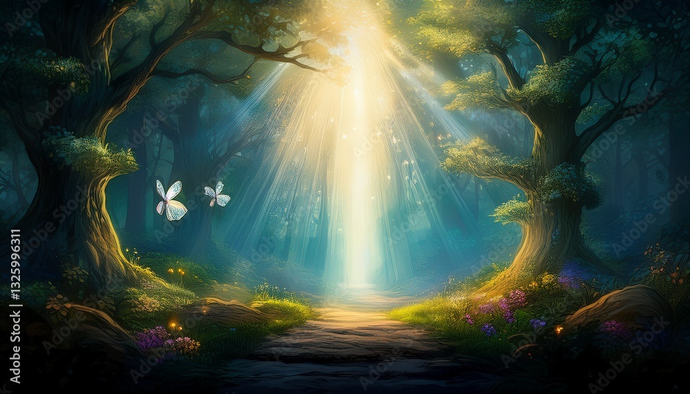 Fototapeta premium Ethereal Easter light beam shining through a dark forest, symbolizing hope, resurrection, and divine light.