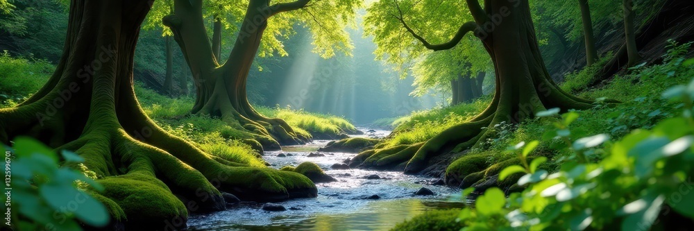 Fototapeta premium Ancient trees draped in moss, river cutting through dense growth, August, dark