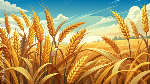 Close-up view of a golden wheat field with ripe wheat ears swaying gently in the breeze under a clear sky.