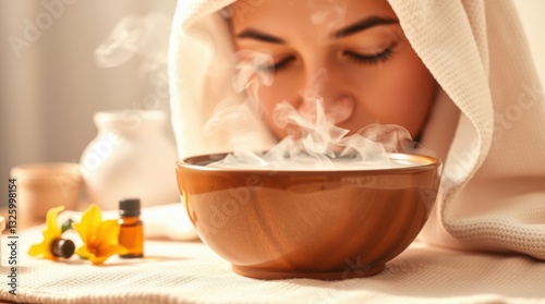 Steaming facial: woman inhaling steam for skincare, aromatherapy, and relaxation in spa or home wellness.