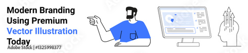 Man pointing towards a computer displaying interface elements, complemented by a growth concept graphic. Ideal for tech innovation, marketing, branding, analytics, education, digital consulting, flat