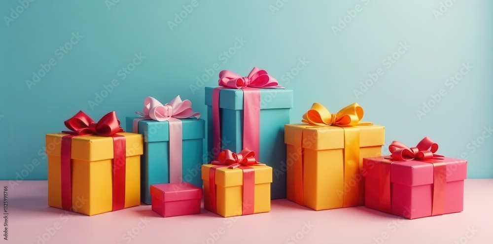 Fototapeta premium Nine vibrant gift boxes, assorted sizes and colors , presents, gift box set