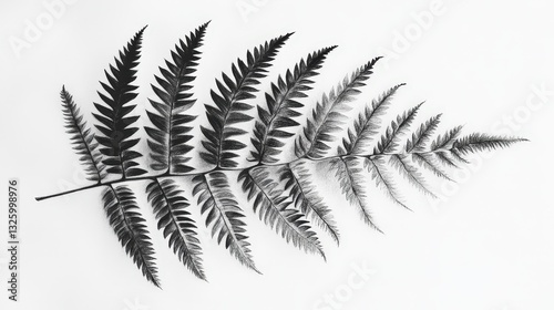 Delicate fern leaves intricately detailed in black and white. Symmetrical arrangement highlights each leaf's unique shape and texture, rendered realistically for striking elegance photo
